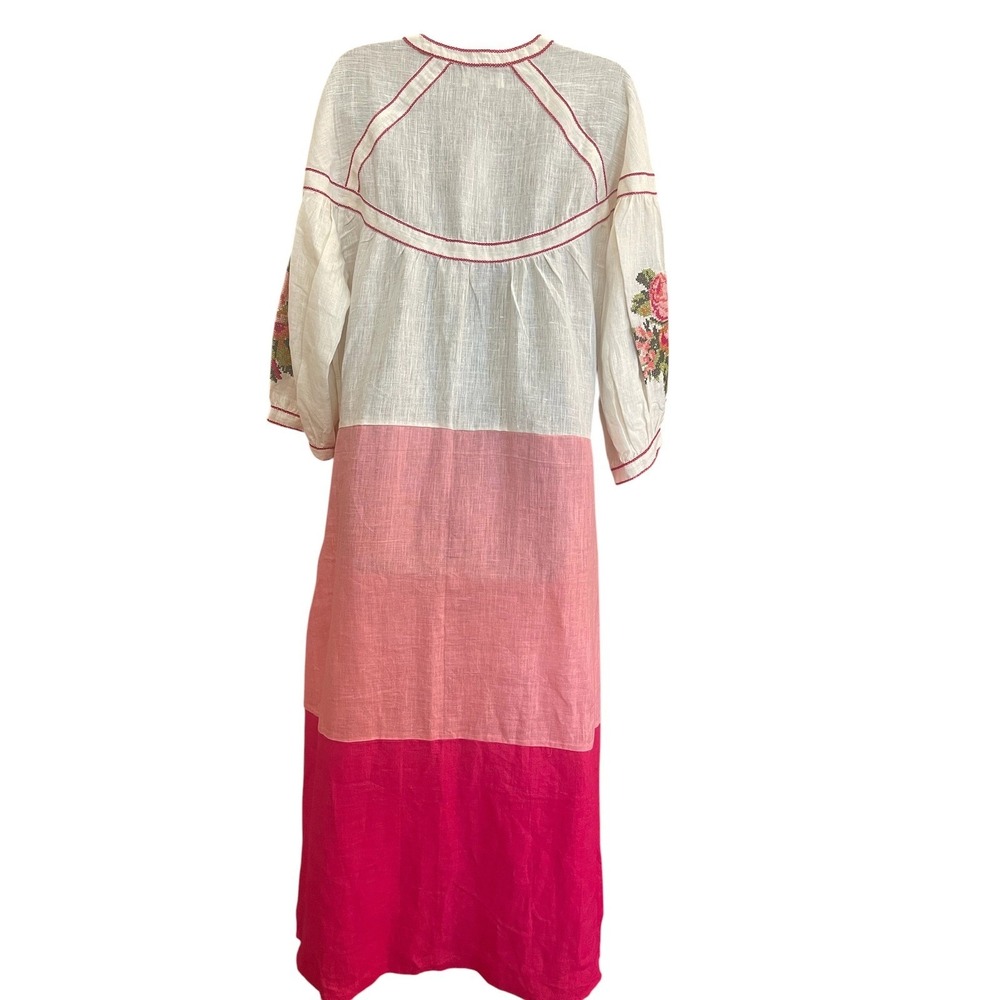 De Castro Maxi Dress Pink White Floral Embroidered Linen Lg Boho Cottagecore - Picture 3 of 10